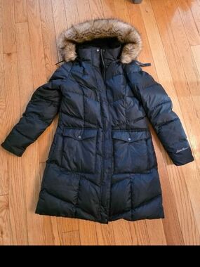 Eddie Bauer Navy Blue Long Down Puffer Coat with Faux Fur Trim Hood